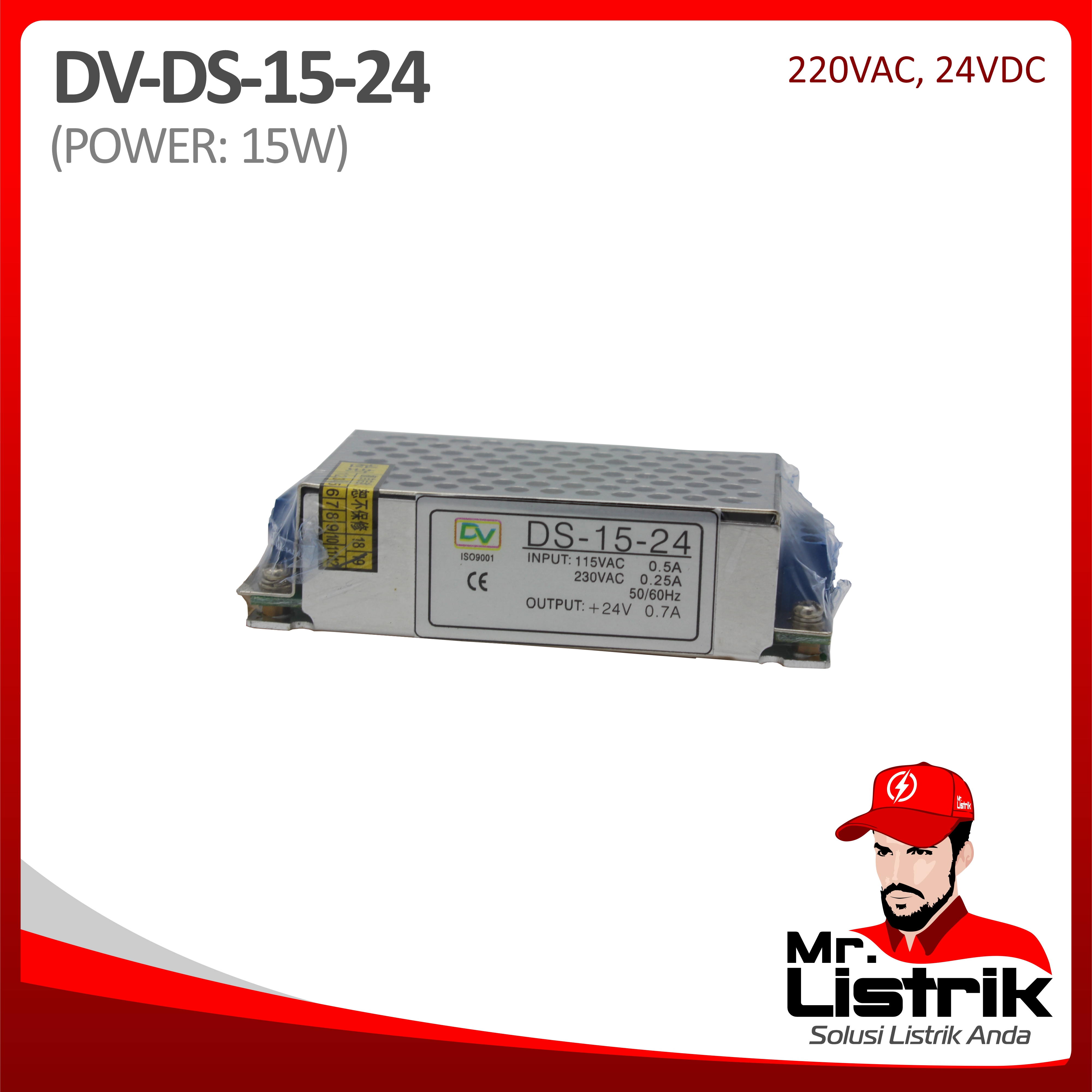 Power Supply AC to DC 15W 0,7A 24VDC DS-15-24