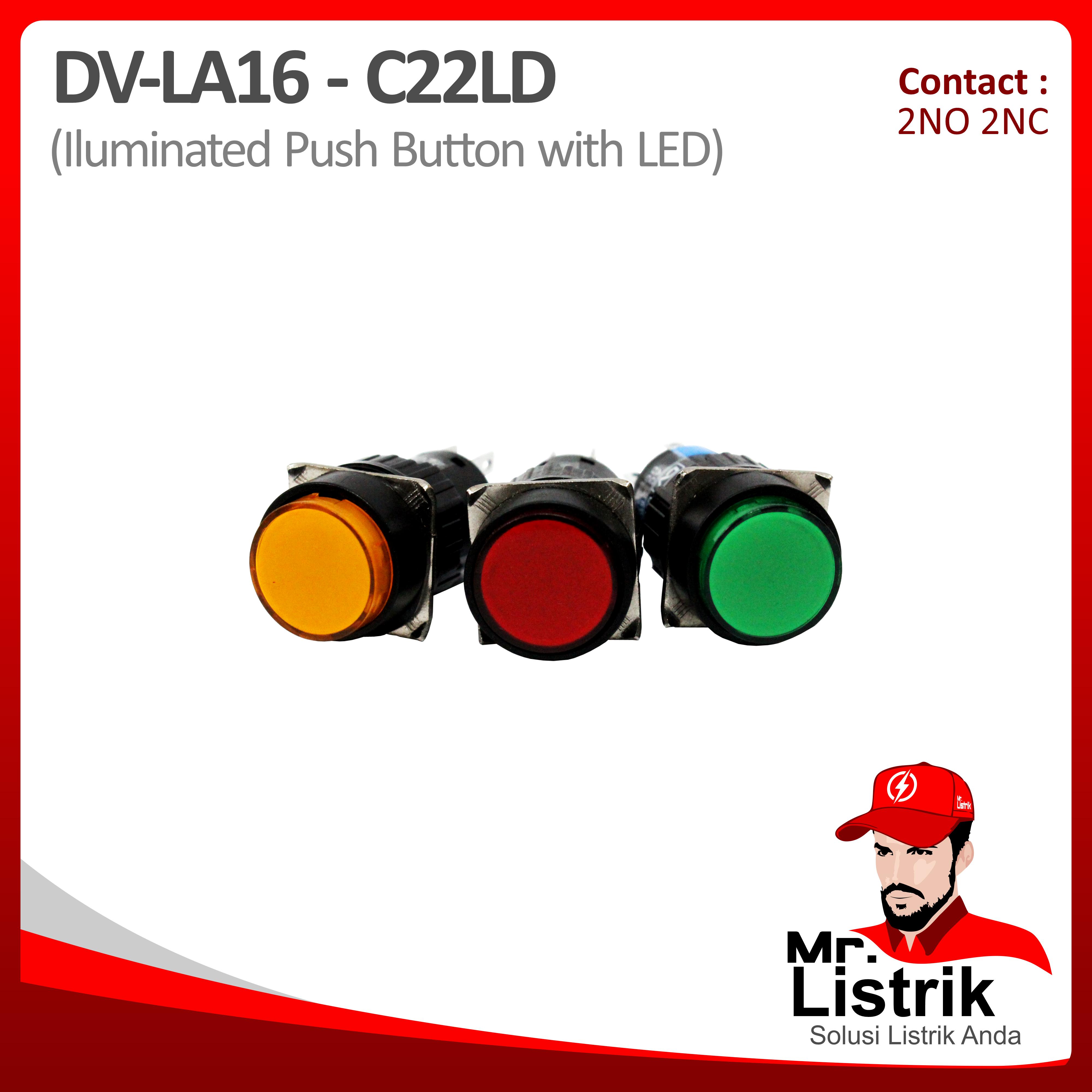 Push Button LED 16mm DV Pin Contact Bulat Lock 2NO 2NC LA16-C22LD - Red / Green / Yellow