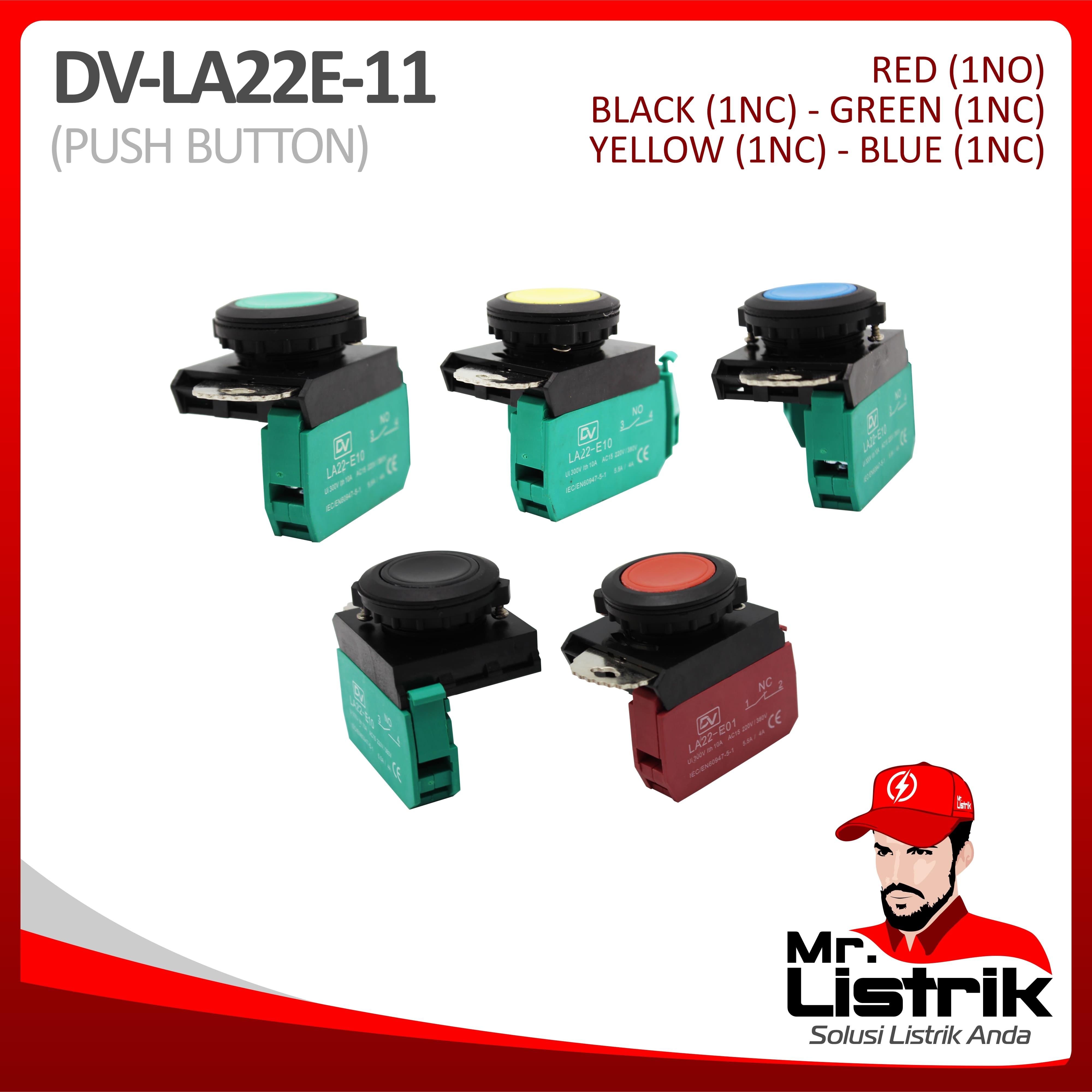 Push Button 22mm Waterproof Modular 1NC LA22E-11 Red / Green / Yellow / Blue / Black