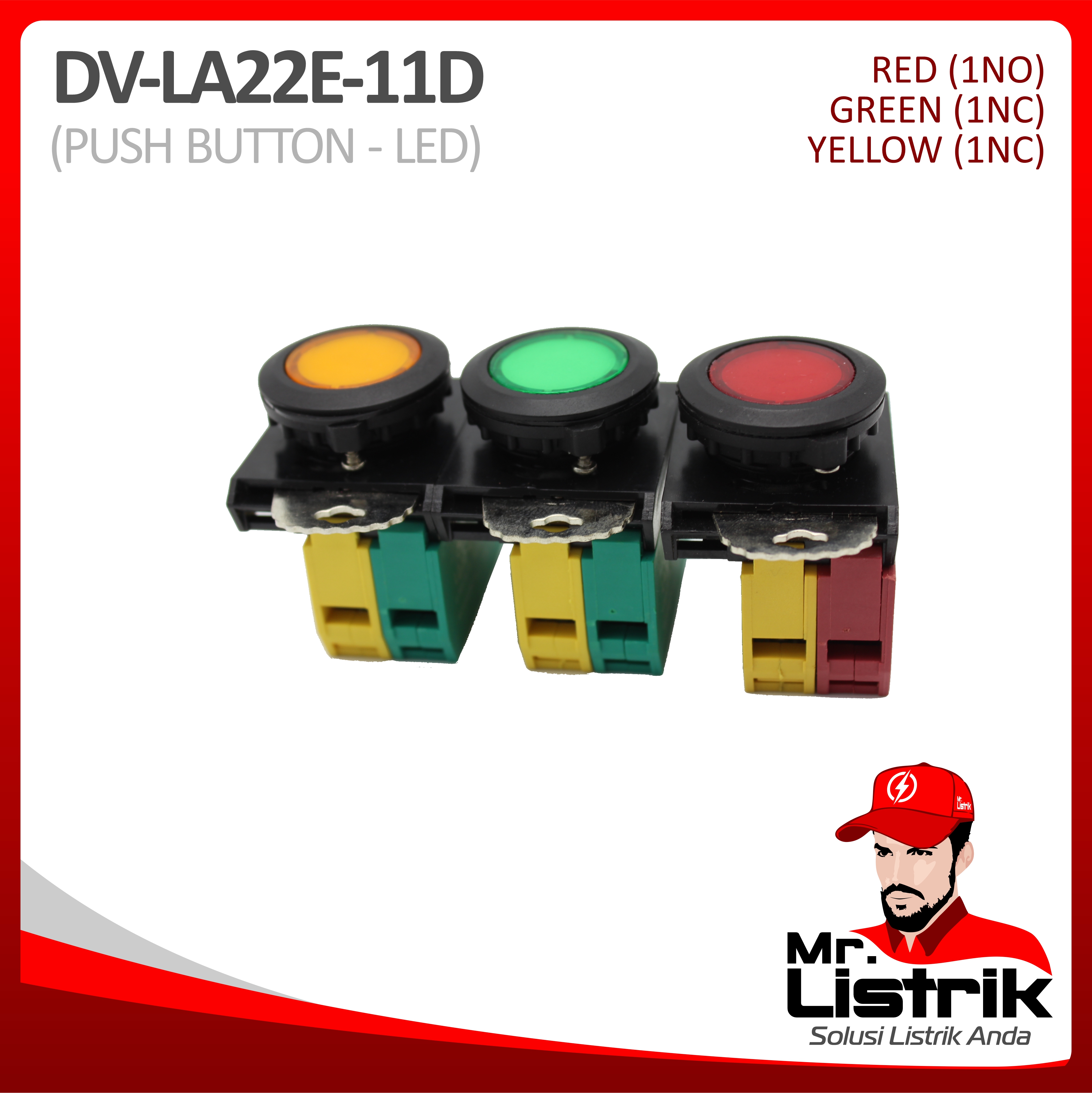 Push Button LED 22mm Waterproof Modular 1NC LA22E-11D Red / Green / Yellow