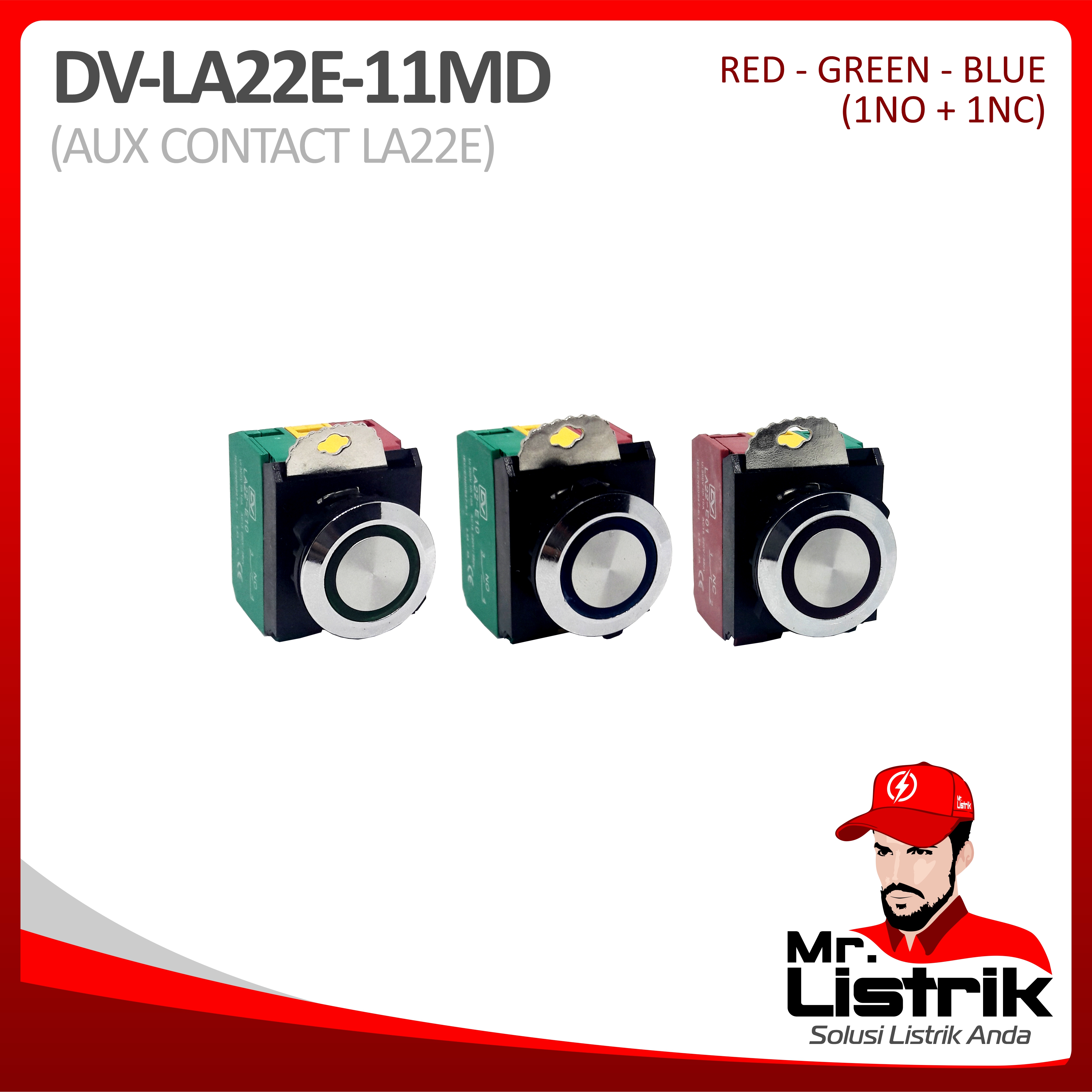 Push Button LED 22mm Waterproof Metal Modular 1NO+1NC LA22E-11MD Red / Green / Yellow