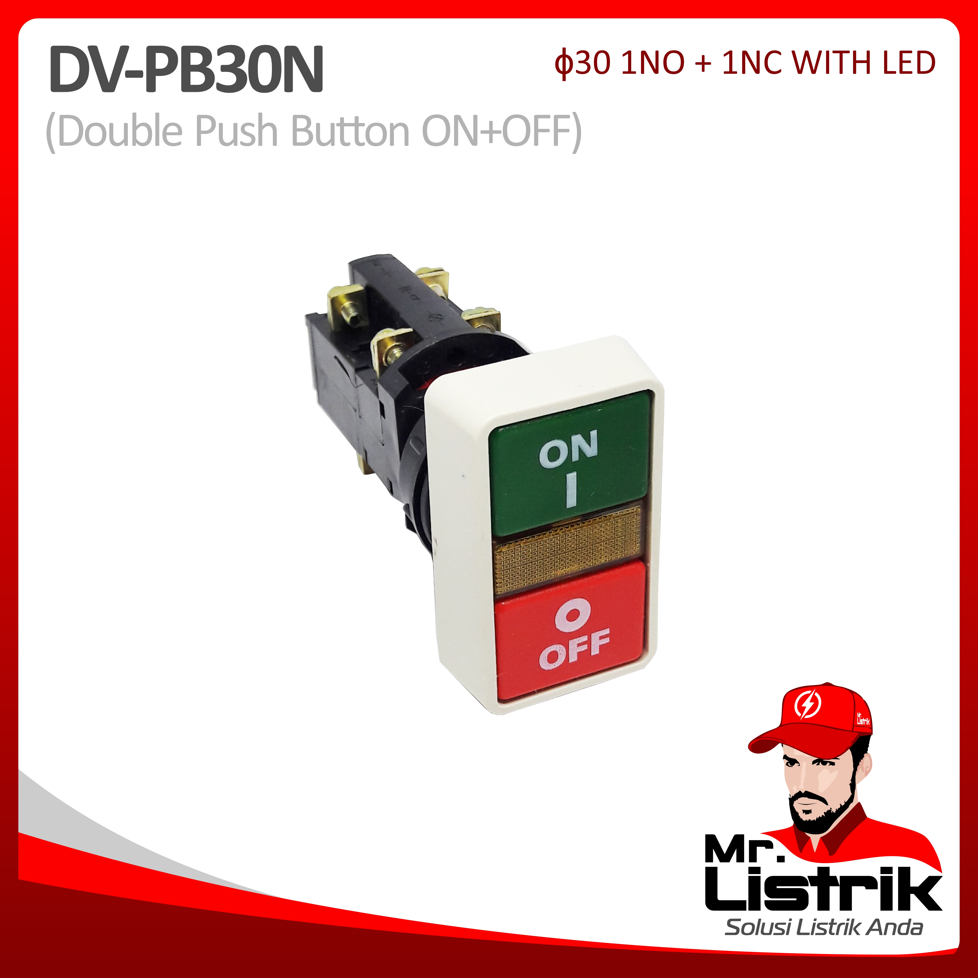 Double Push Button LED 30mm DV 1NO+1NC Fixed Contact PB30N