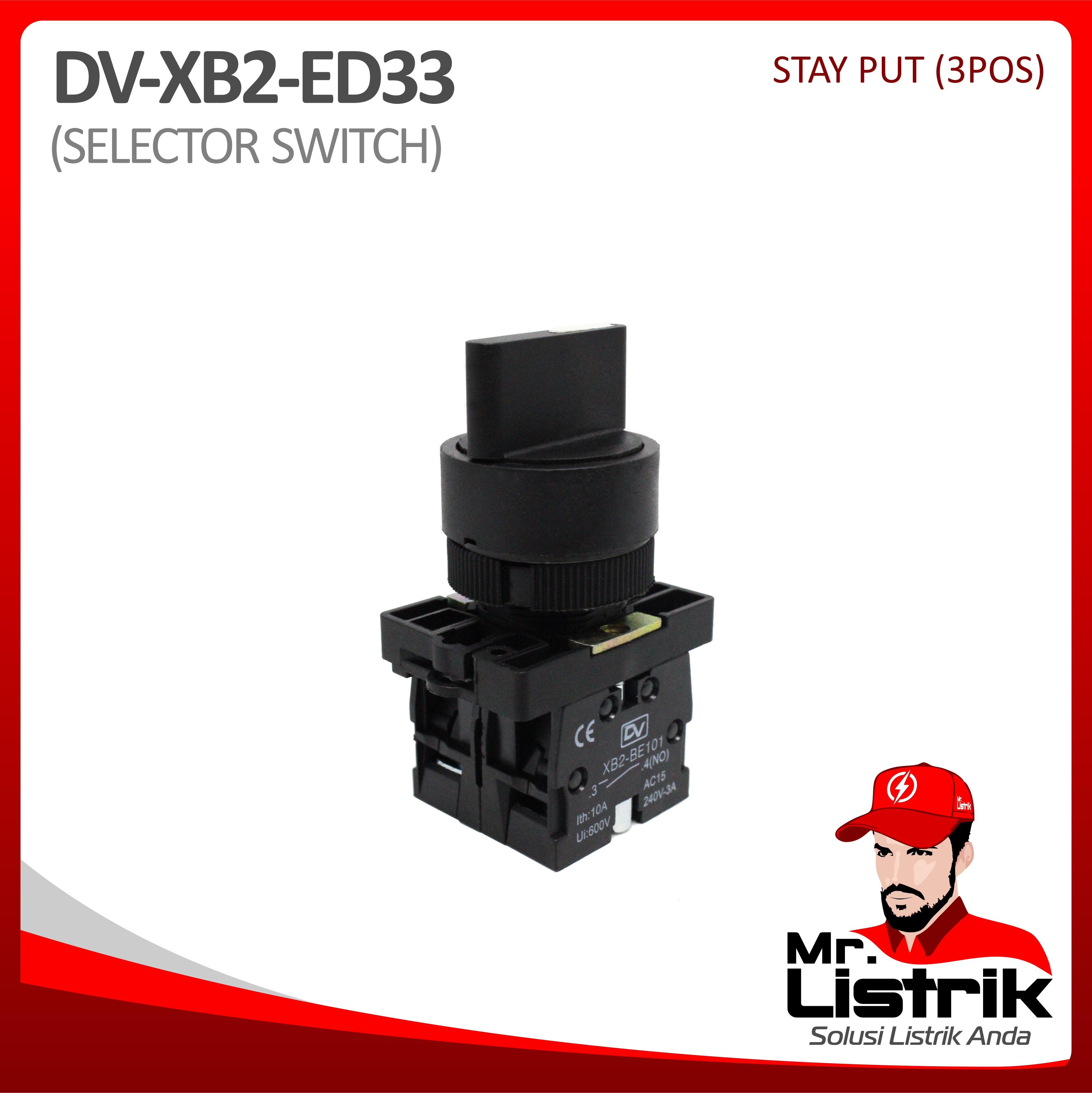 Selector Switch 3 Posisi 2NO Plastic Modular XB2-ED33 - Stay Put