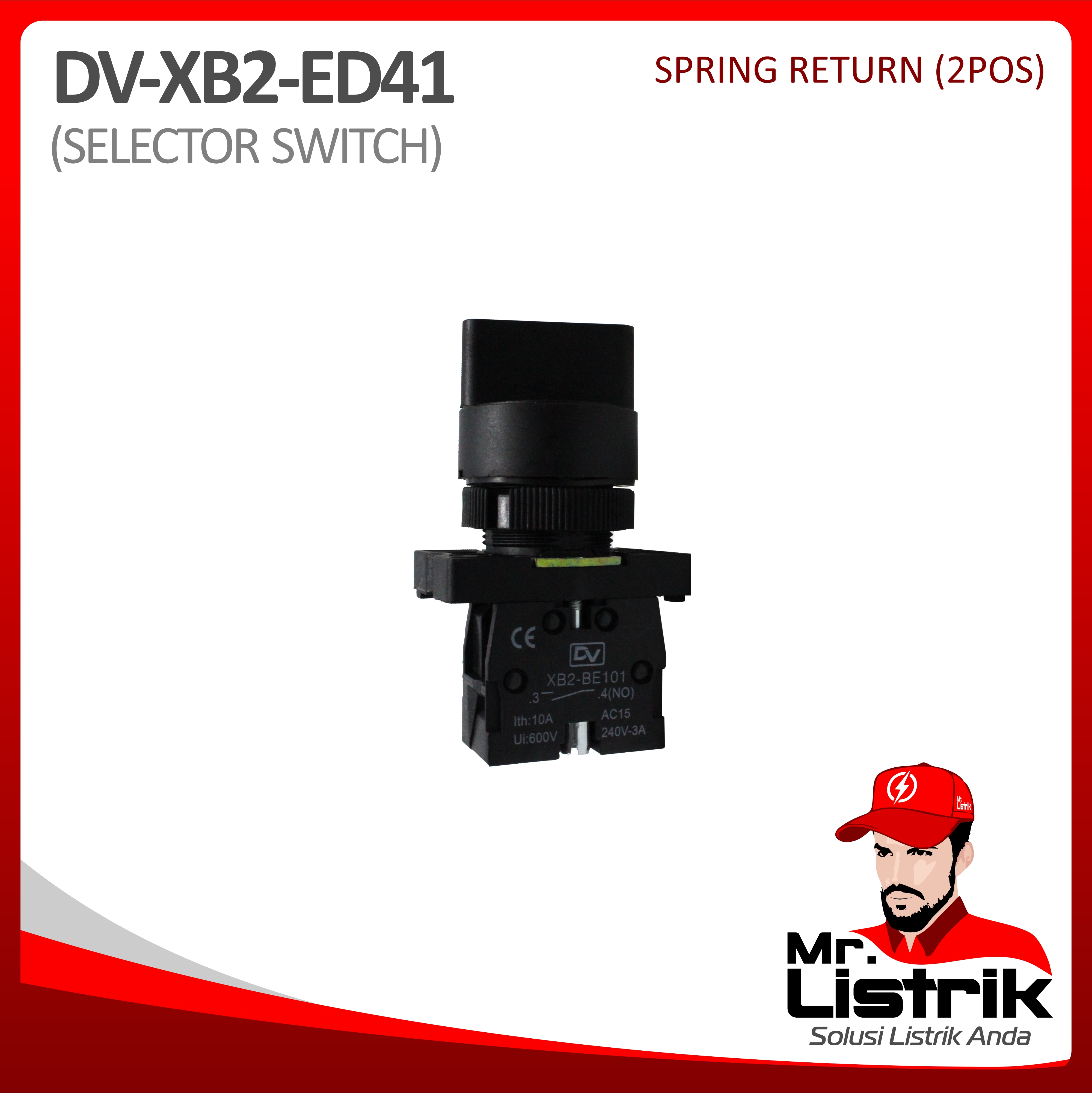 Selector Switch 2 Posisi 1NO Plastic Modular XB2-ED41 - Spring Return