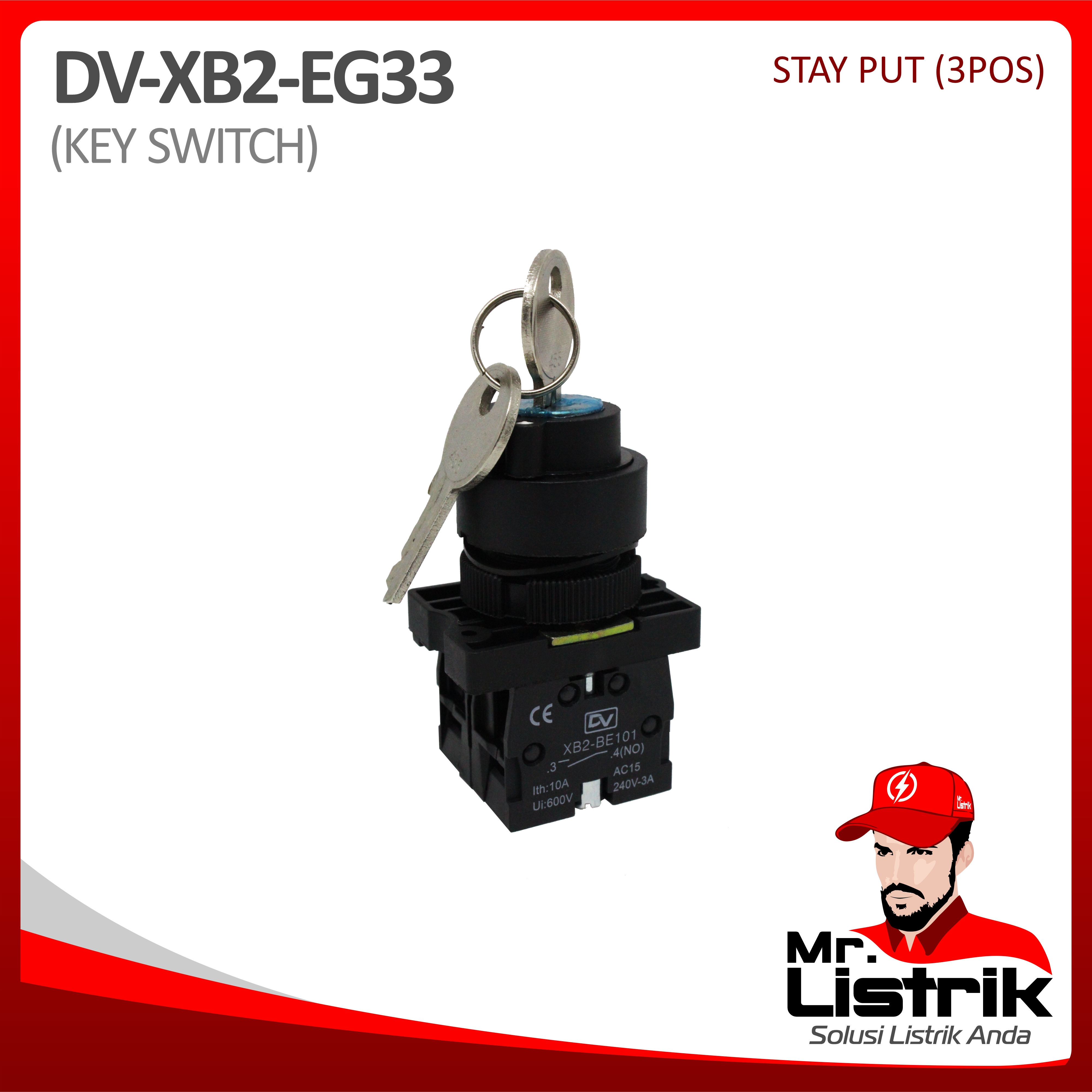 Key Switch 3 Posisi 2NO Plastic Modular XB2-EG33 - Stay Put