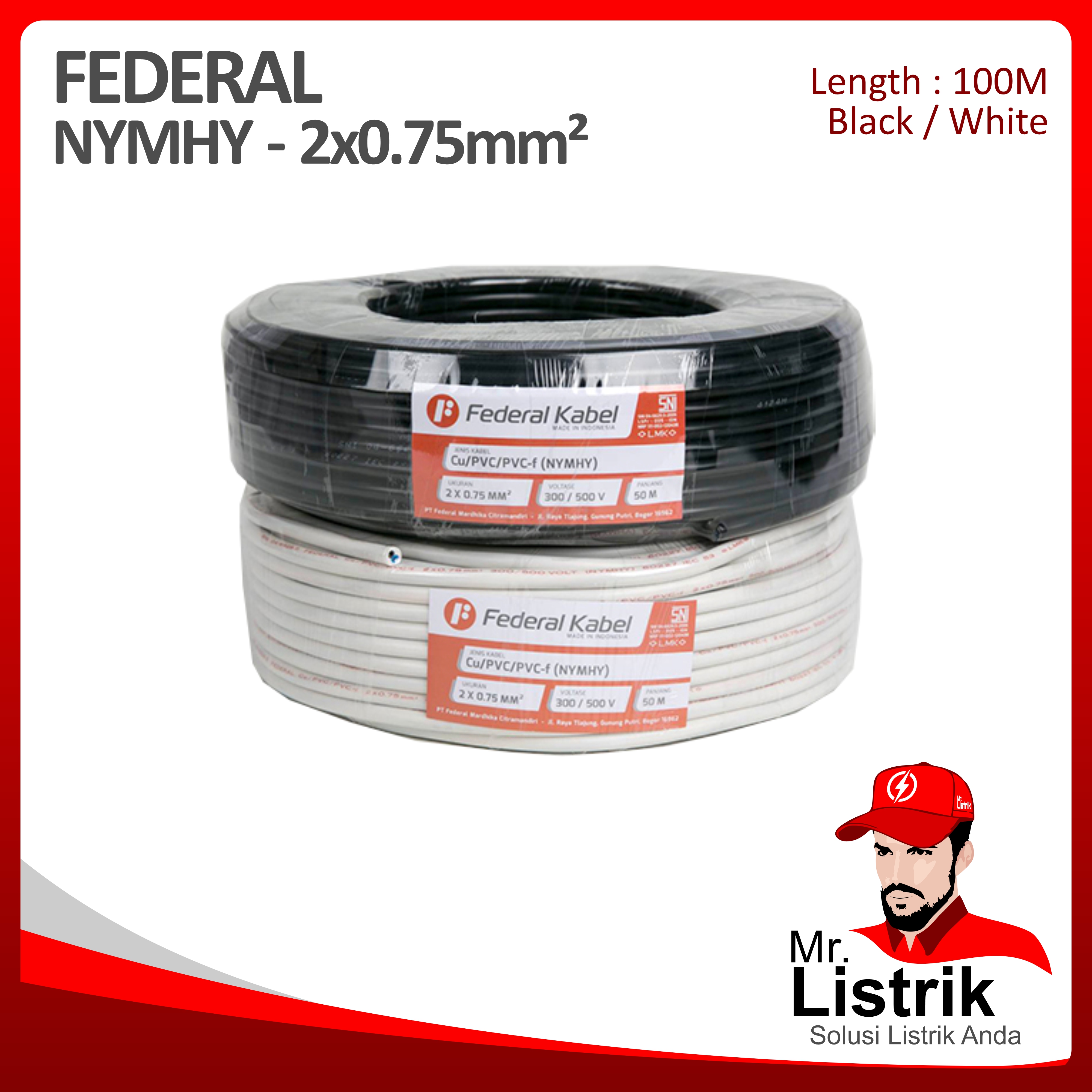 Kabel NYMHY Federal 2x0.75 mm² @100 Mtr