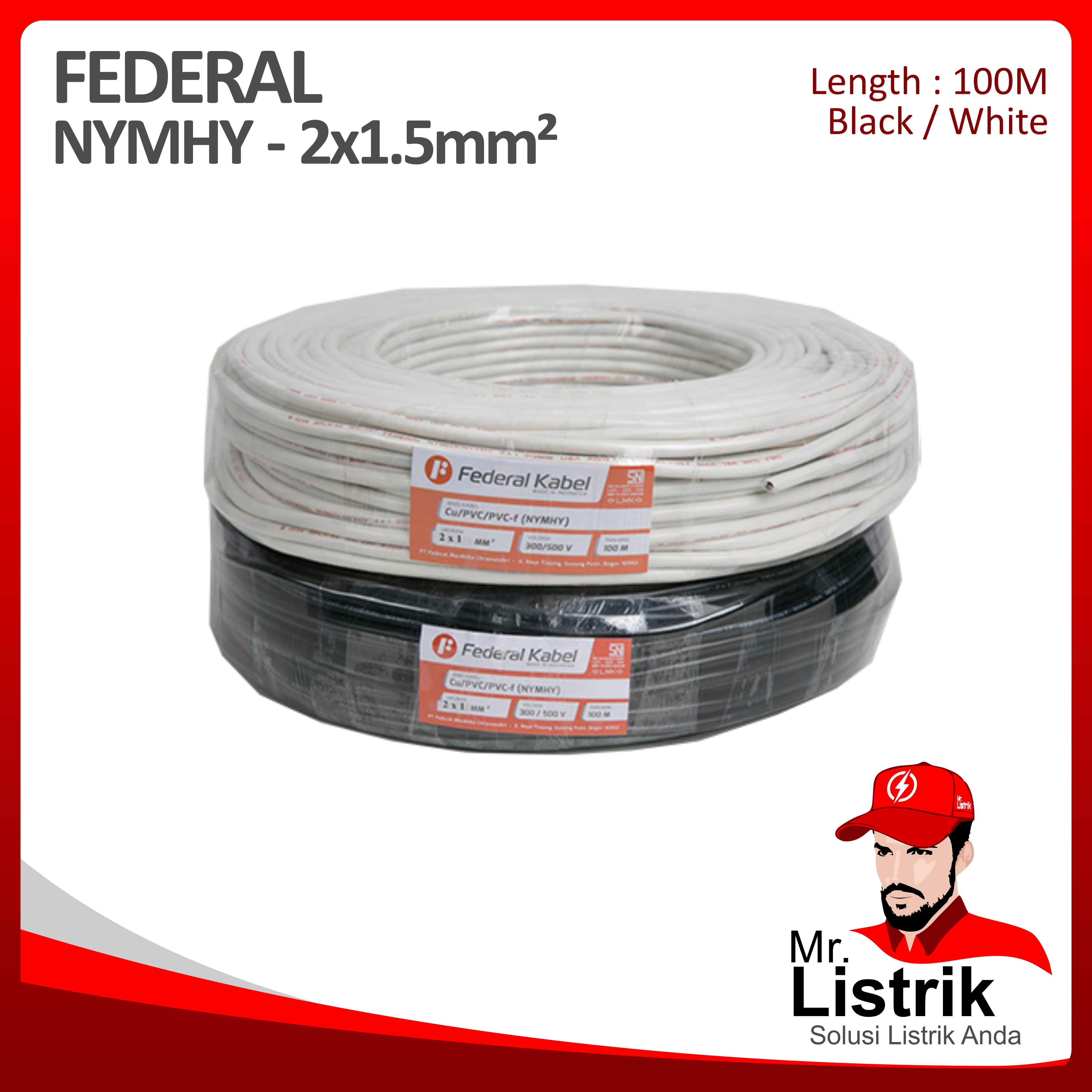 Kabel NYMHY Federal 2x1.5 mm² @100 Mtr