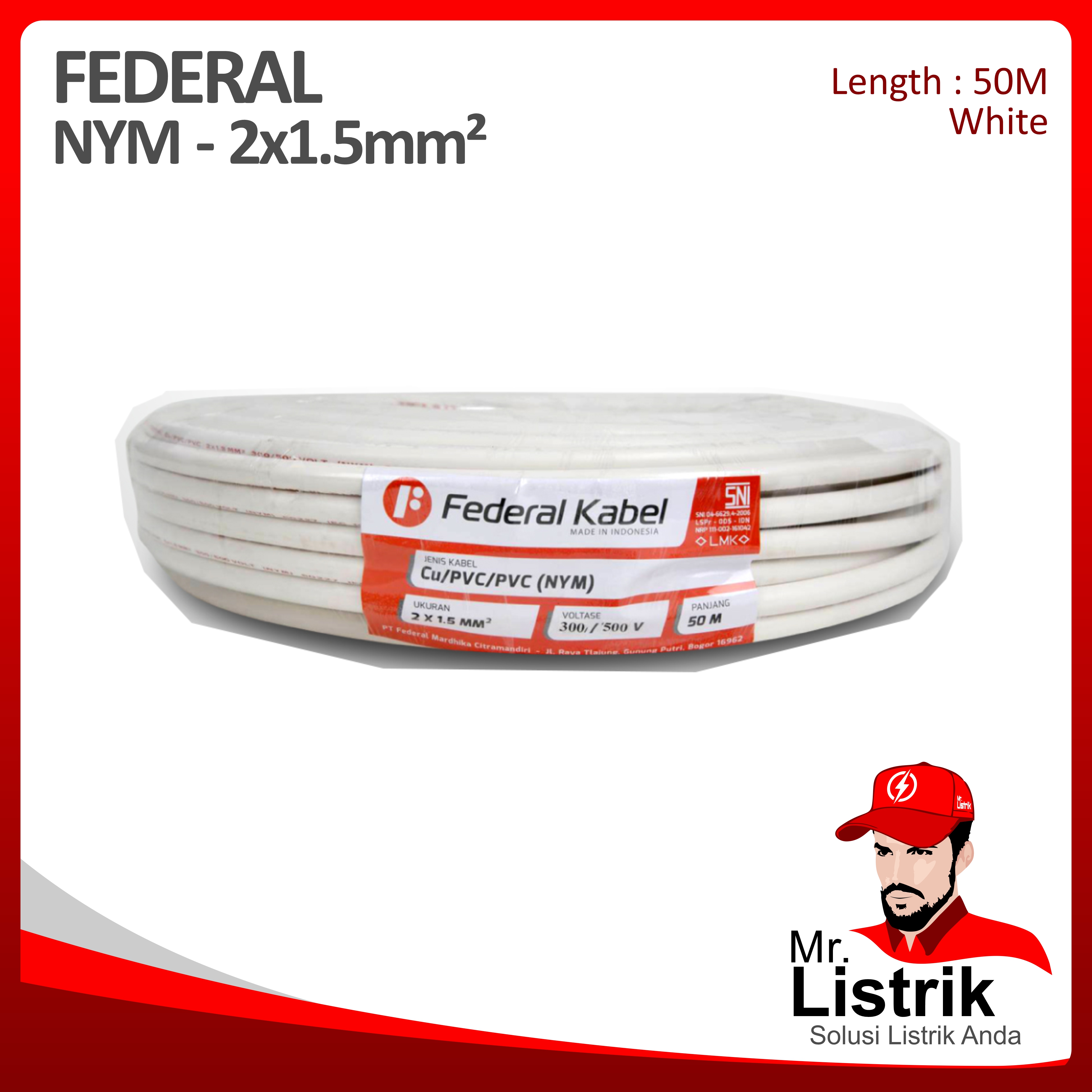Kabel NYM Federal 2x1.5 mm² @50 Mtr