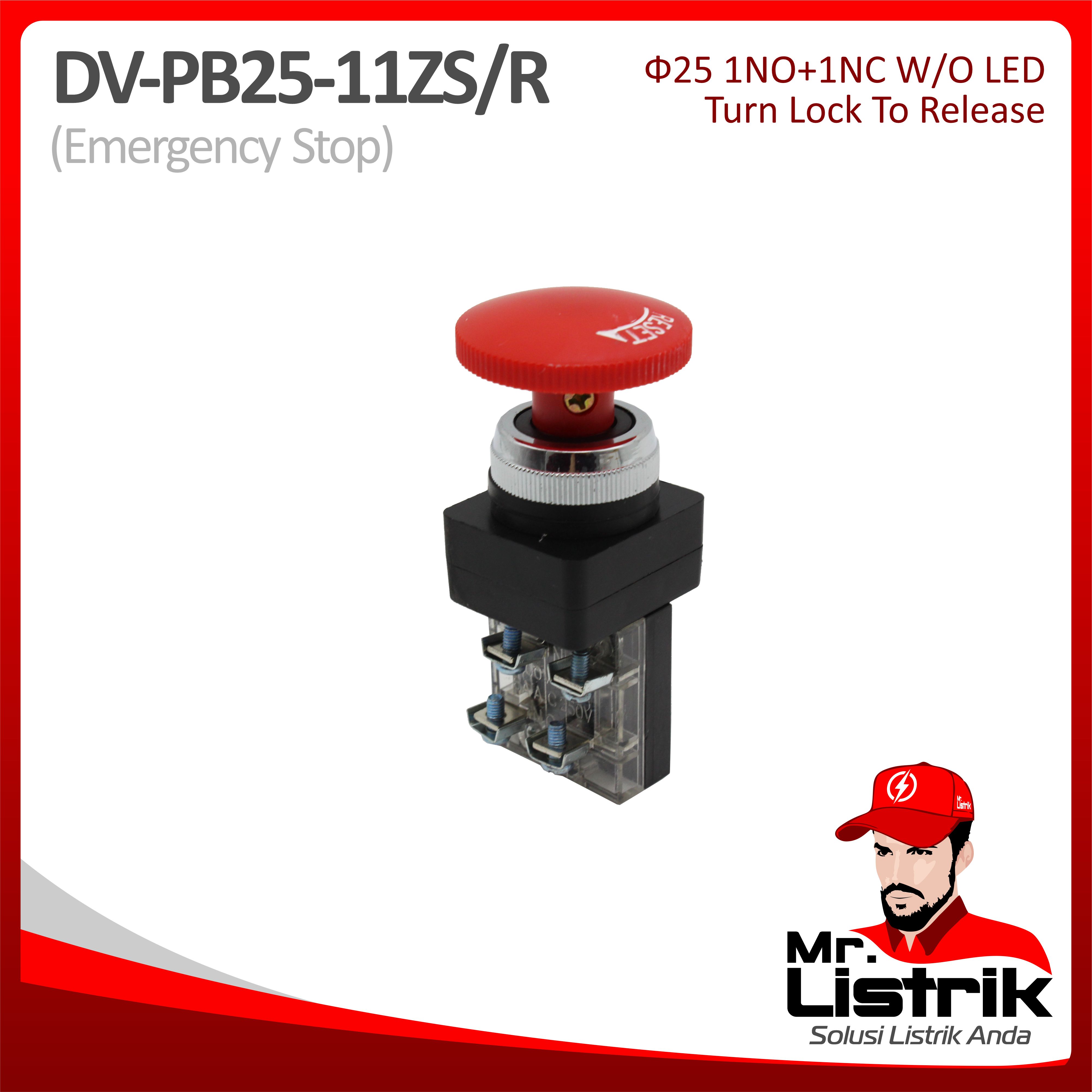 Emergency Stop 25mm DV 1NO+1NC Fixed Contact PB25-11ZS/R - Turn Lock To Release